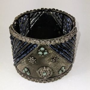 Vintage Wide Cuff Hinge Beaded Bracelet Blue Gray